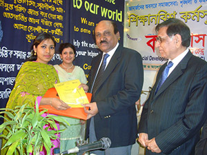 Advisor to the Former Caretaker Government, Mahbub Jamil, is giving Certificates to the trainees of Apprenticeship Program as Chief Guest; Next to him CEO of Partex 	Group, K.M Ali and Secretary-General of CSDC, Dr. M Helal. (2009)